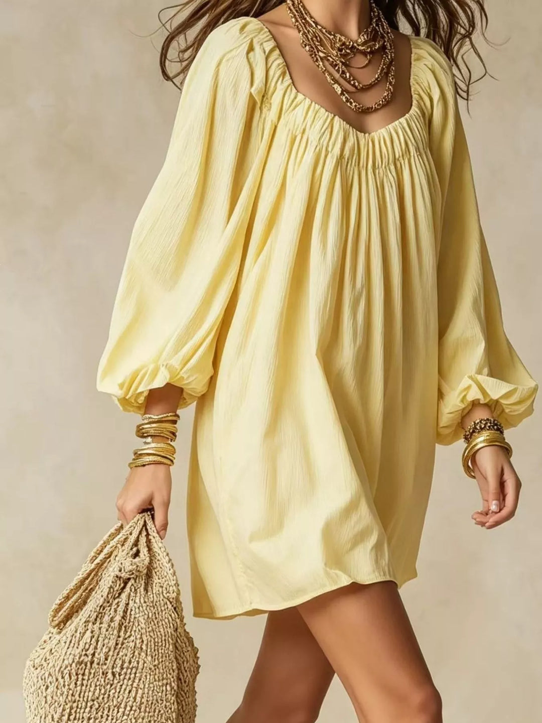 Balloon cuff gathered neckline mini in yellow, styled on model 2