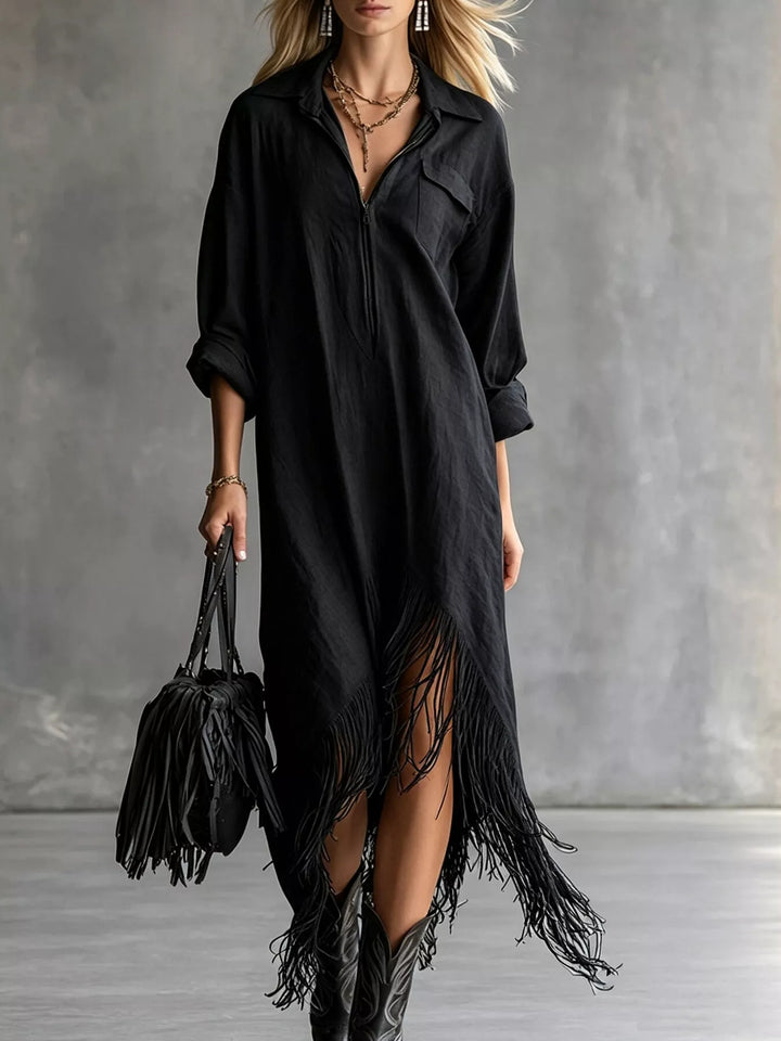 Fringe hem half zip collared maxi in black, front view