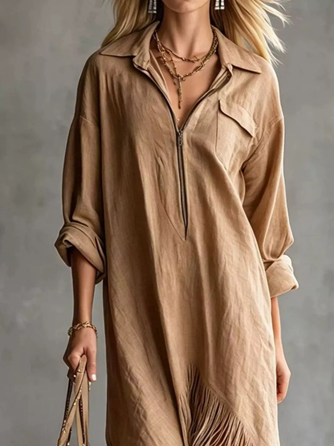 Fringe hem half zip collared maxi in camel, front view 2