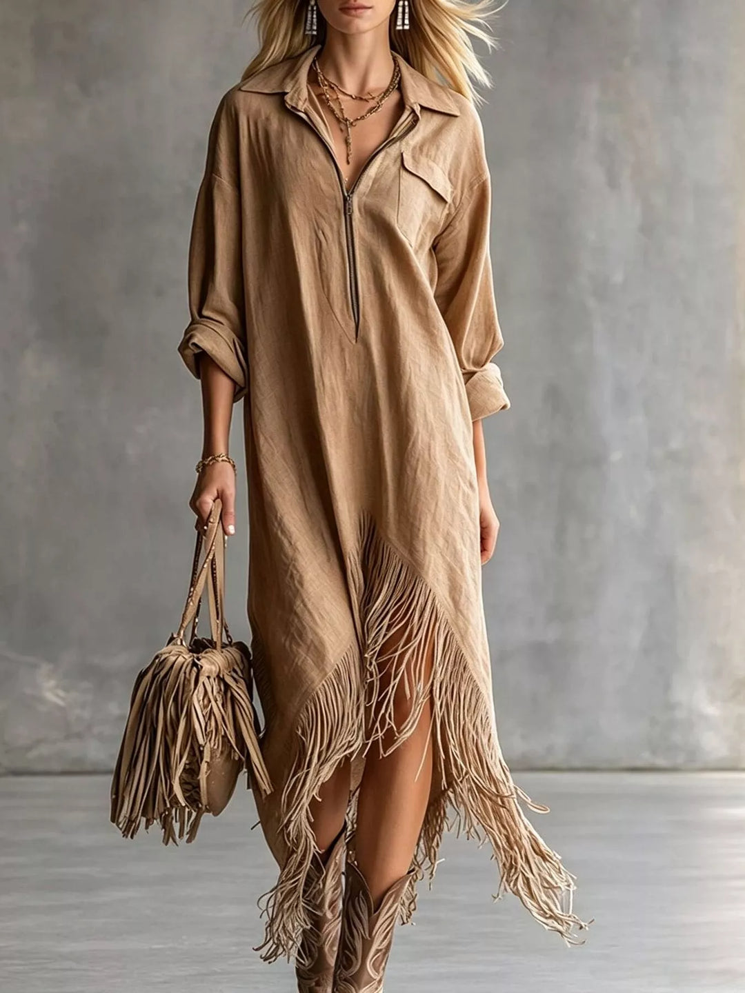 Fringe hem half zip collared maxi in camel, front view