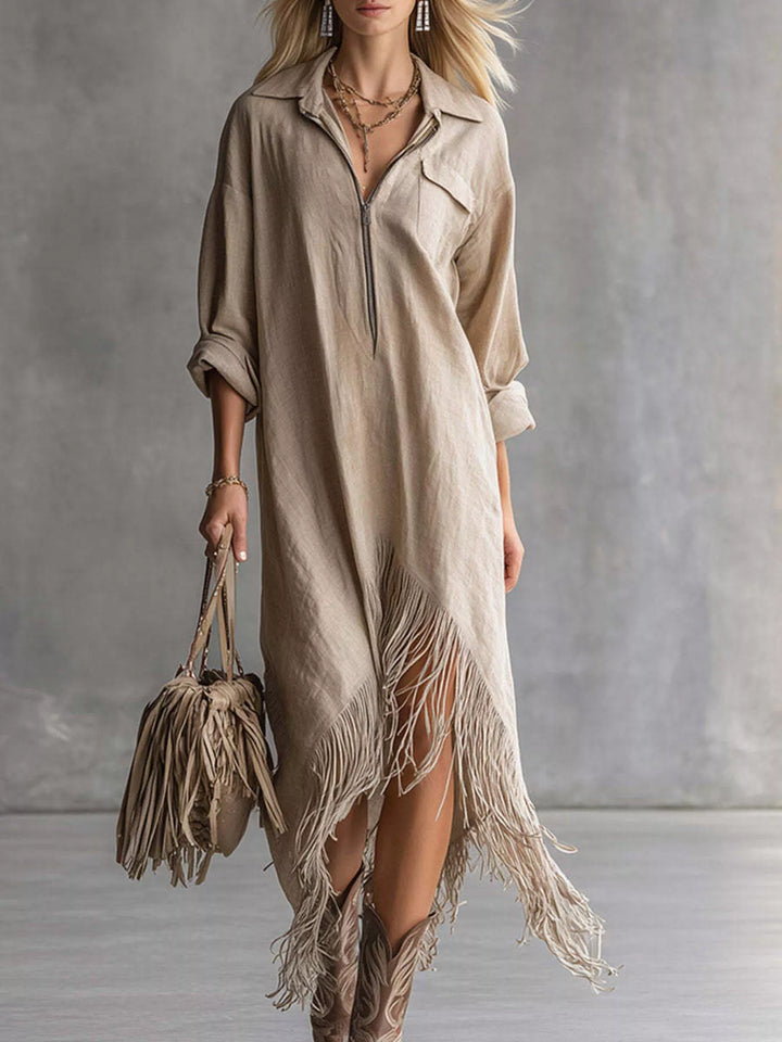 Fringe hem half zip collared maxi in khaki, front view