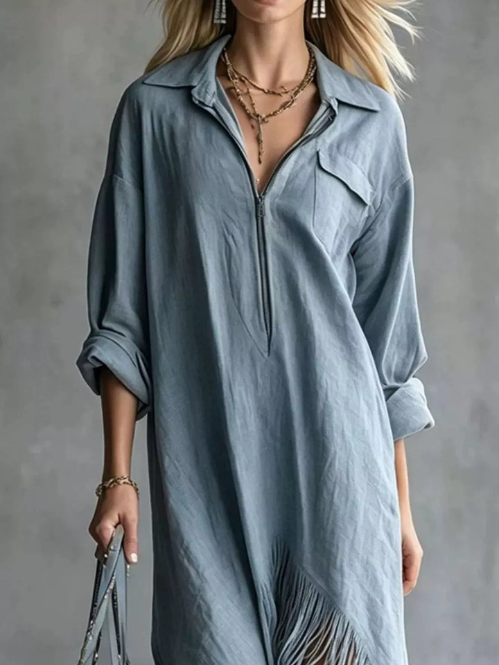 Fringe hem half zip collared maxi in navy, front view 2