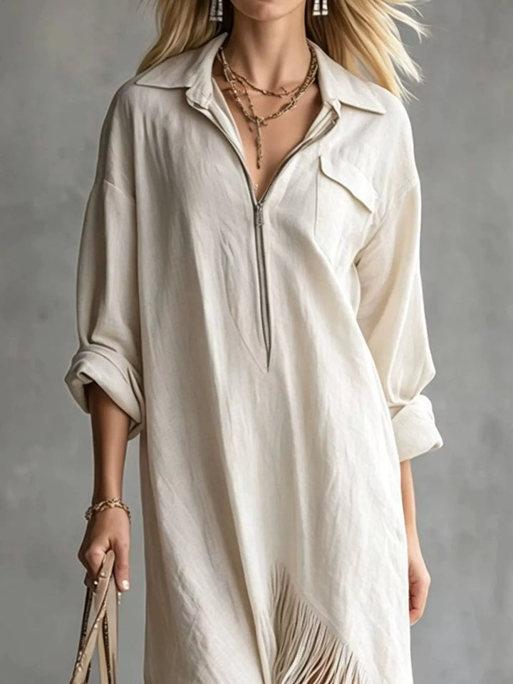 Fringe hem half zip collared maxi in white, front view 2