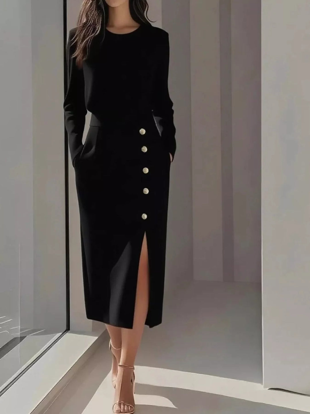 Round neck side button slit pockets in black, front view