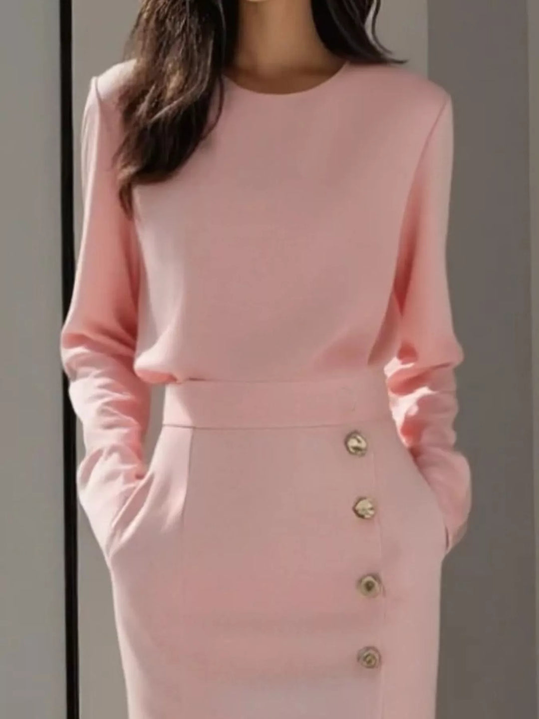 Round neck side button slit pockets in pink, close-up detail 2