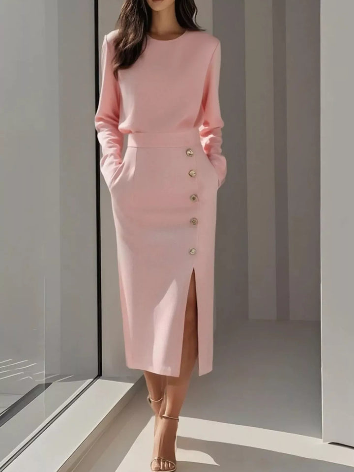Women's long sleeve dress in pink, round neck side button slit pockets