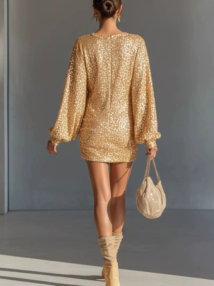 Sequin balloon ruched asymmetric mini in pastel yellow, back view