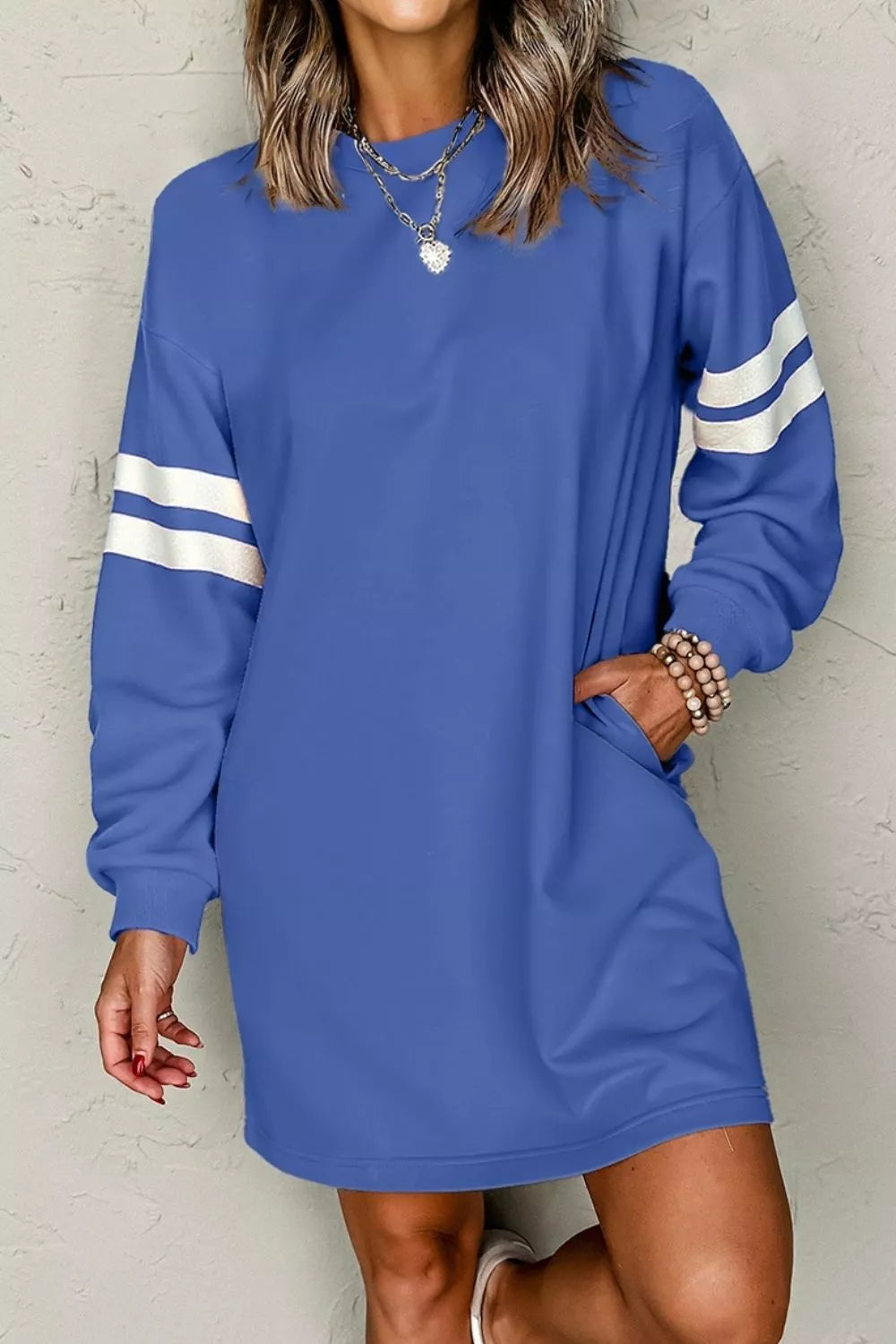 Striped crew neck sweatshirt mini in dusty blue, front view 3