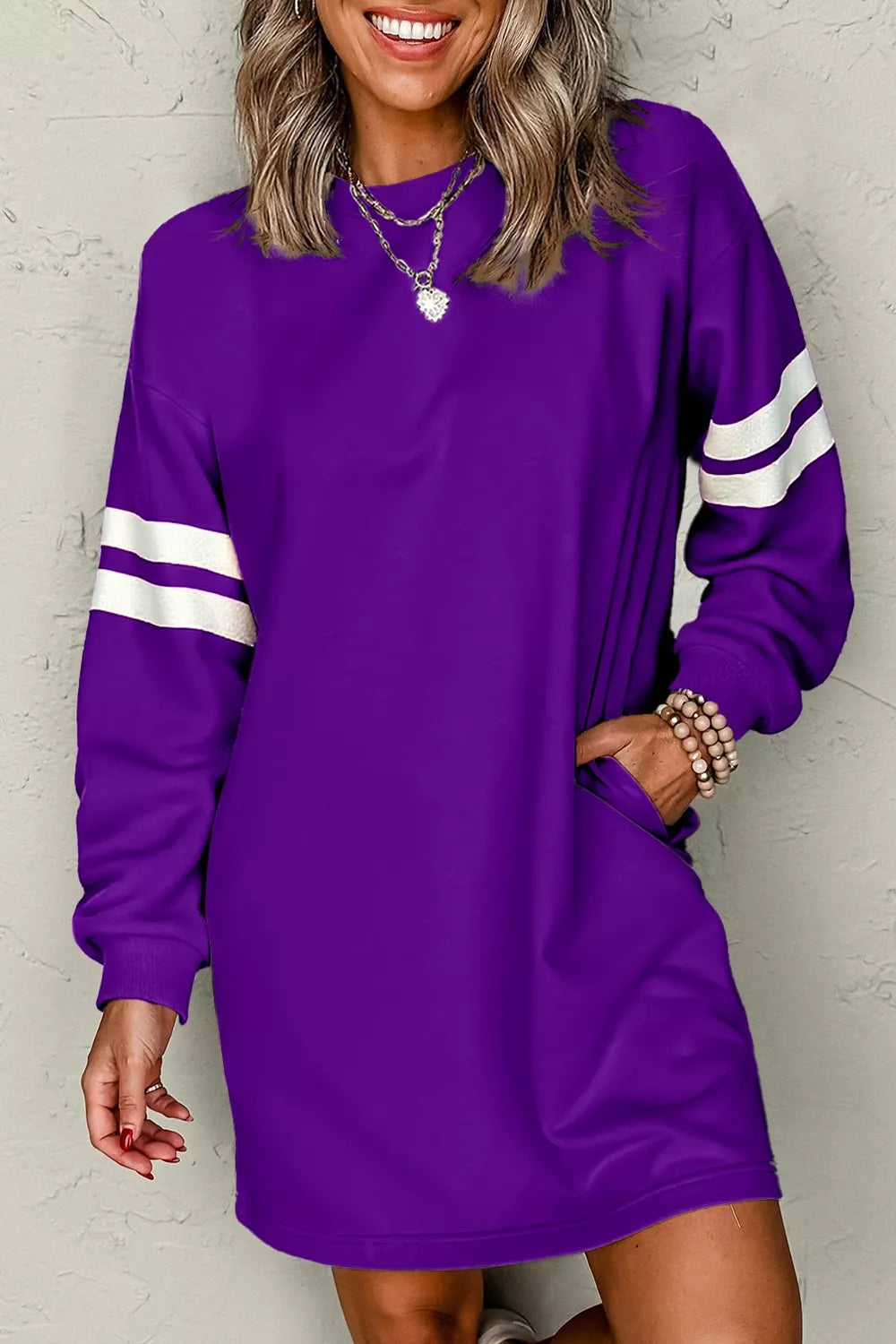 Striped crew neck sweatshirt mini in violet, front view 2