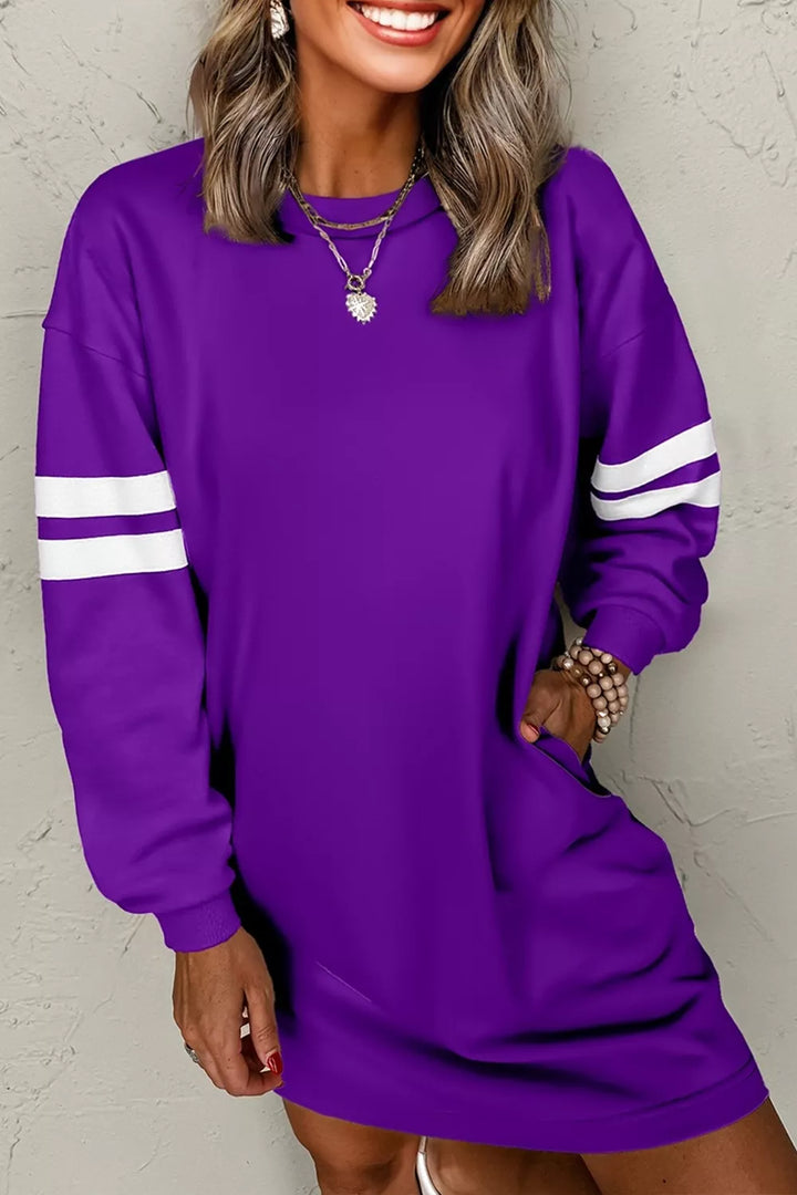 Women's long sleeve dress in violet, striped crew neck sweatshirt mini