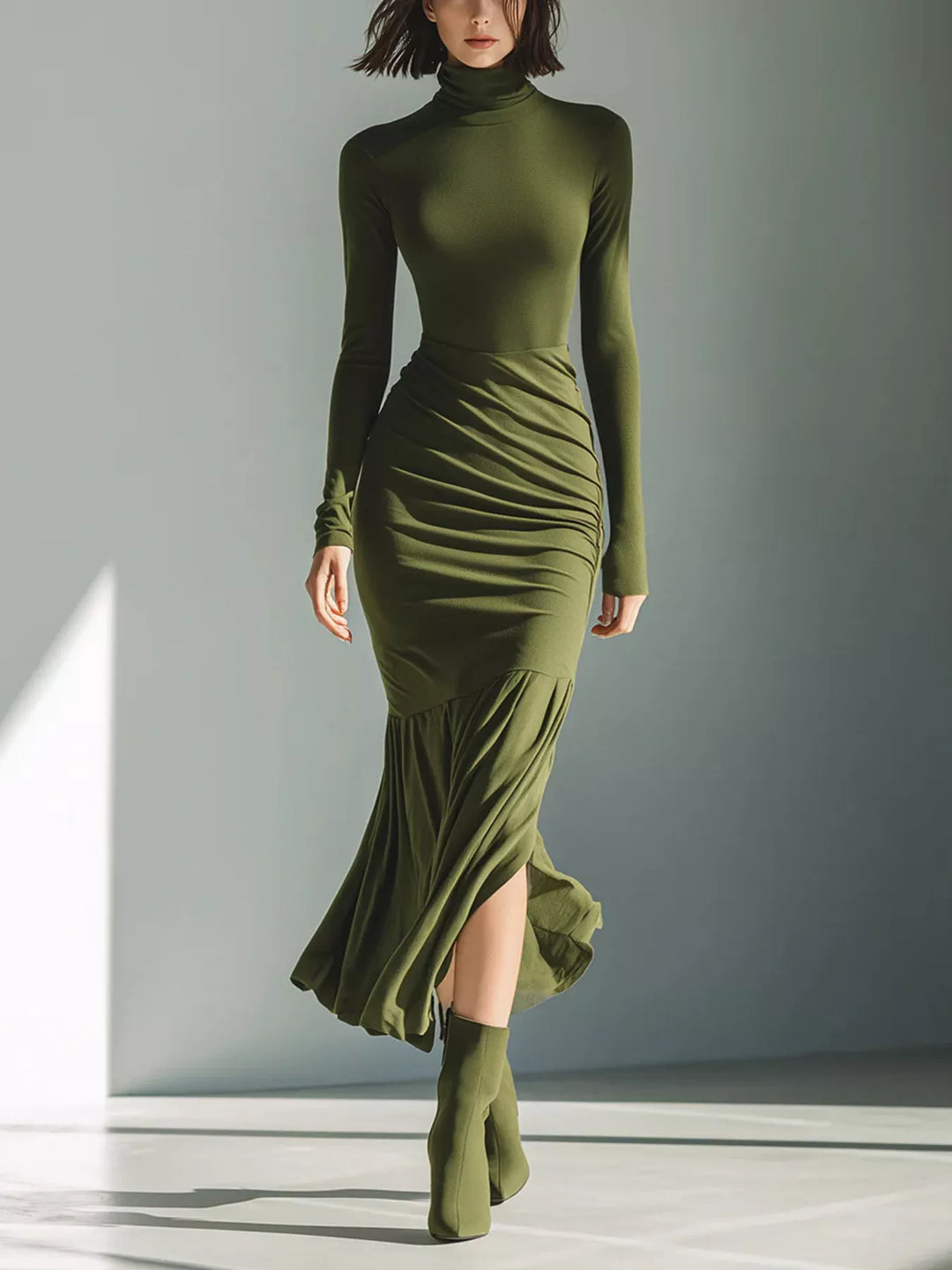 Women's long sleeve dress in army green, turtleneck ruched mermaid hem maxi
