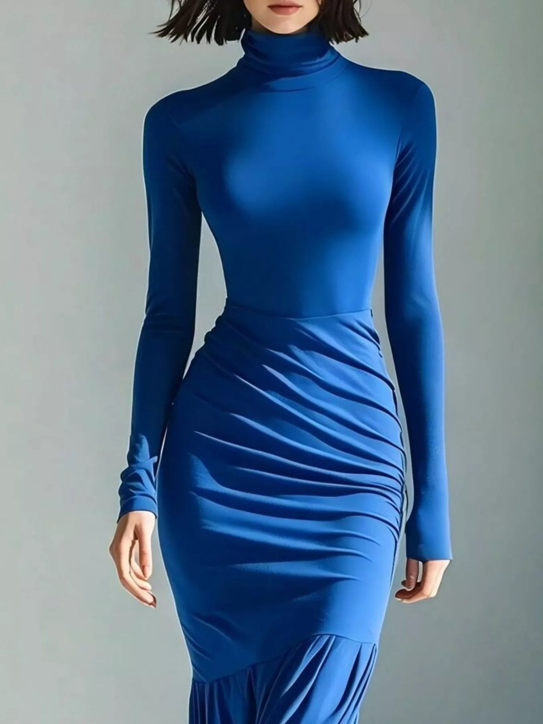 Turtleneck ruched mermaid hem maxi in blue, close-up detail