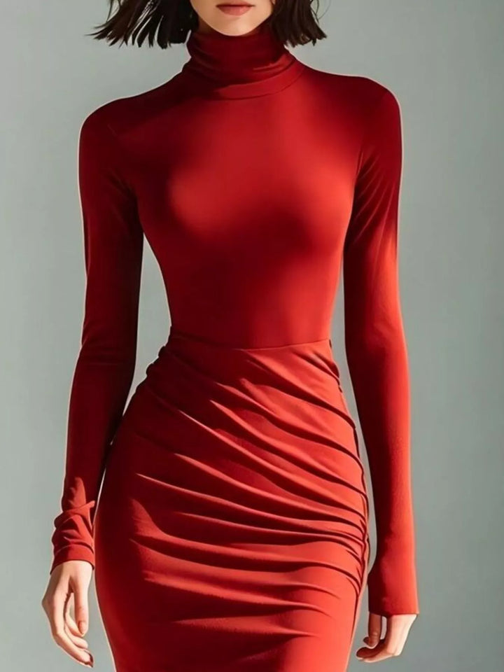Turtleneck ruched mermaid hem maxi in red, close-up detail