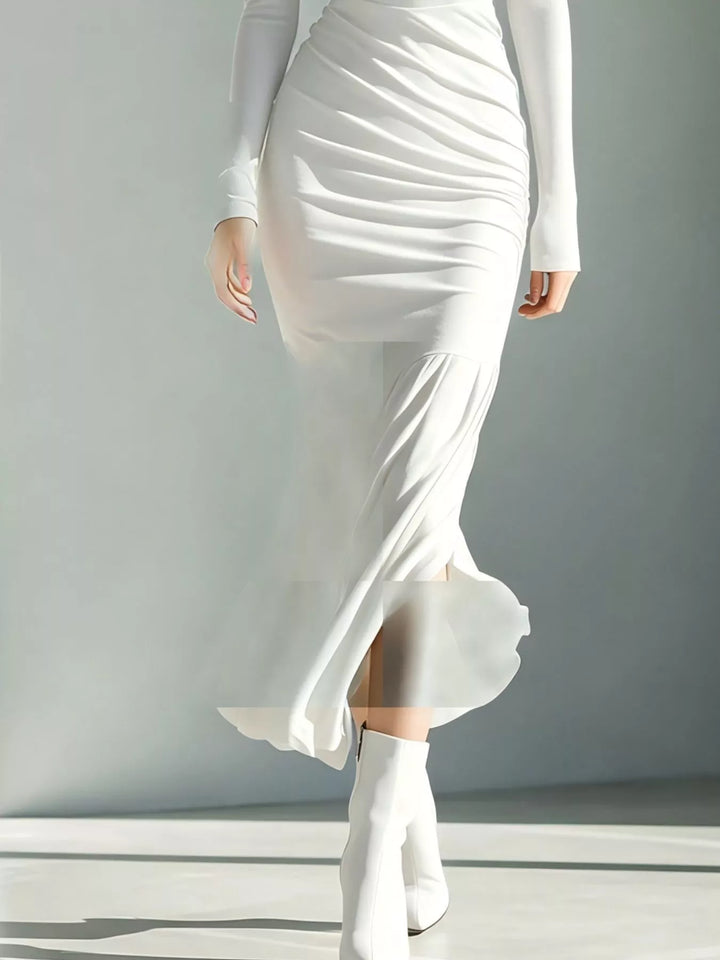 Turtleneck ruched mermaid hem maxi in white, close-up detail 2