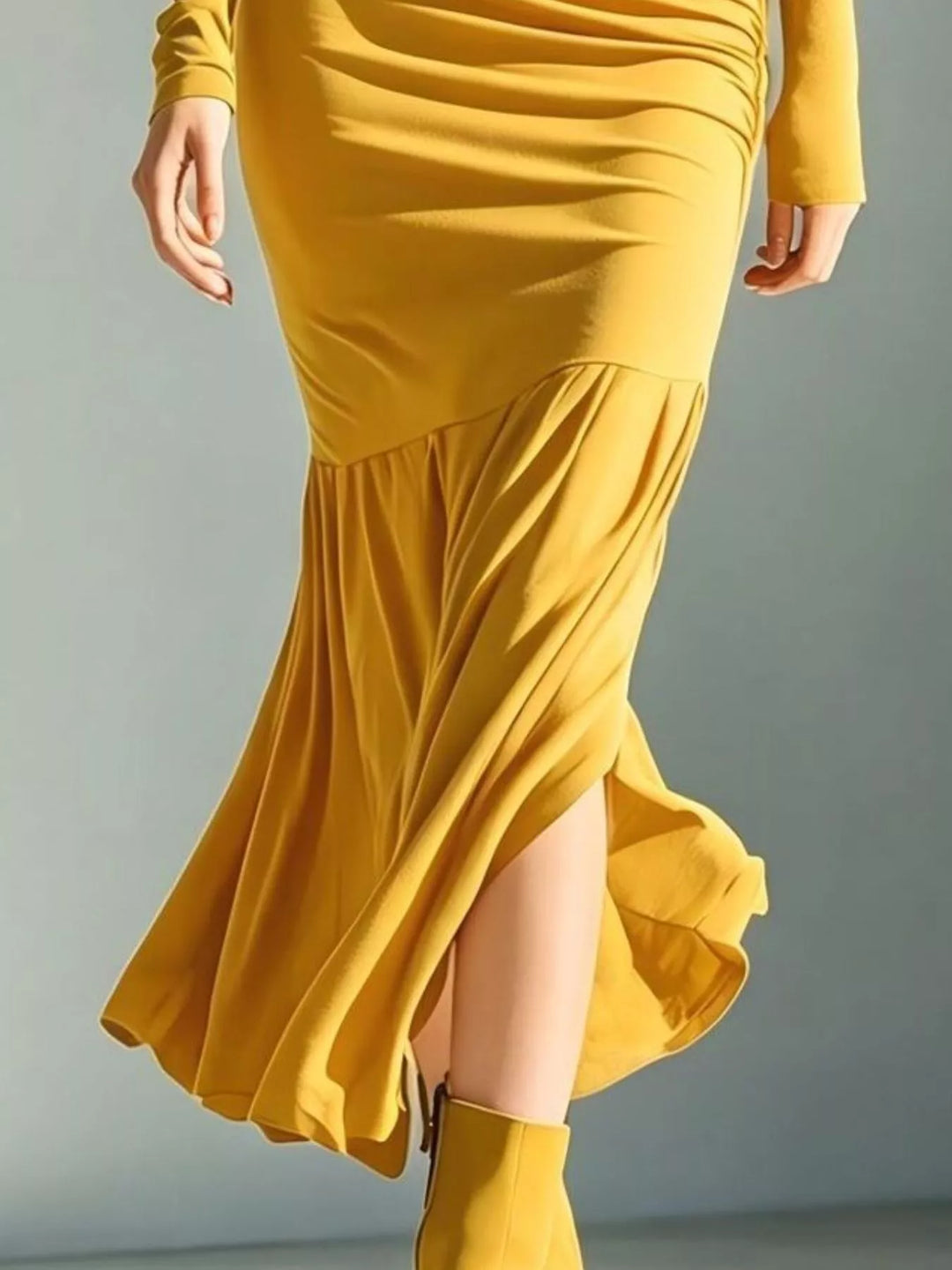 Turtleneck ruched mermaid hem maxi in yellow, close-up detail 2