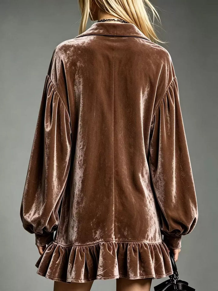 Velvet-look ruffle hem collar mini in brown, back view