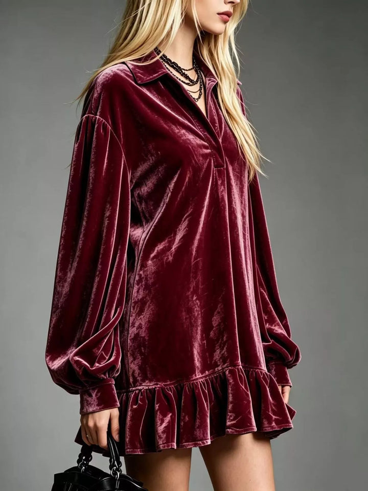 Velvet-look ruffle hem collar mini in burgundy, styled on model 2