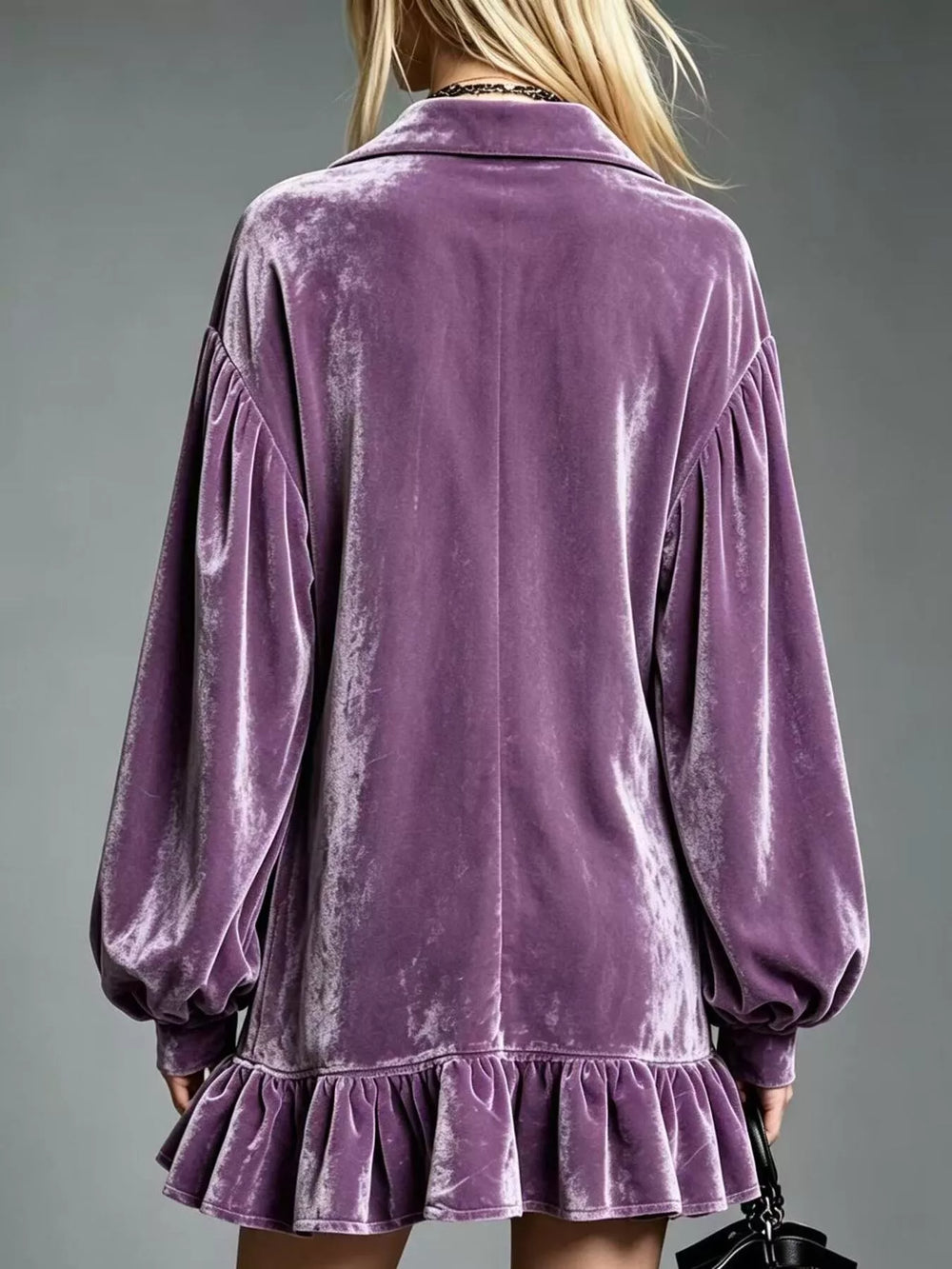 Velvet-look ruffle hem collar mini in mauve, back view