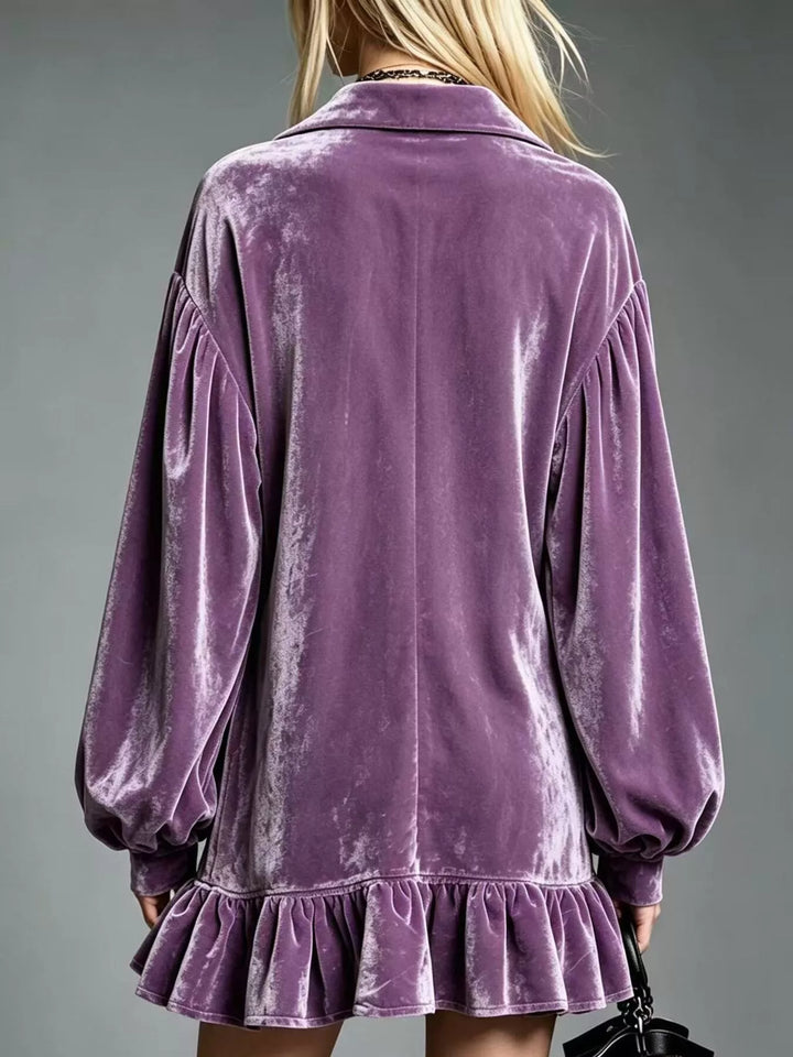 Velvet-look ruffle hem collar mini in mauve, back view