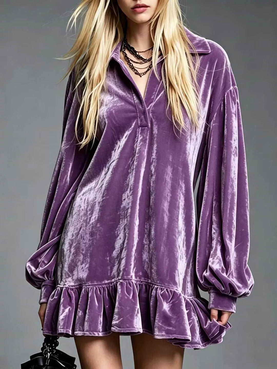 Women's long sleeve dress in mauve, velvet-look ruffle hem collar mini