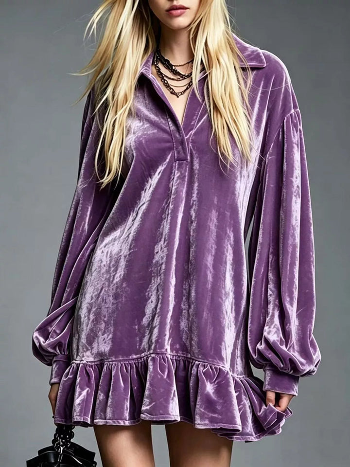 Women's long sleeve dress in mauve, velvet-look ruffle hem collar mini