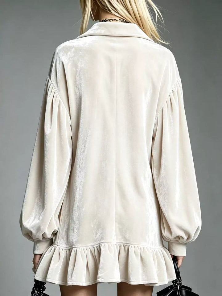 Velvet-look ruffle hem collar mini in white, back view