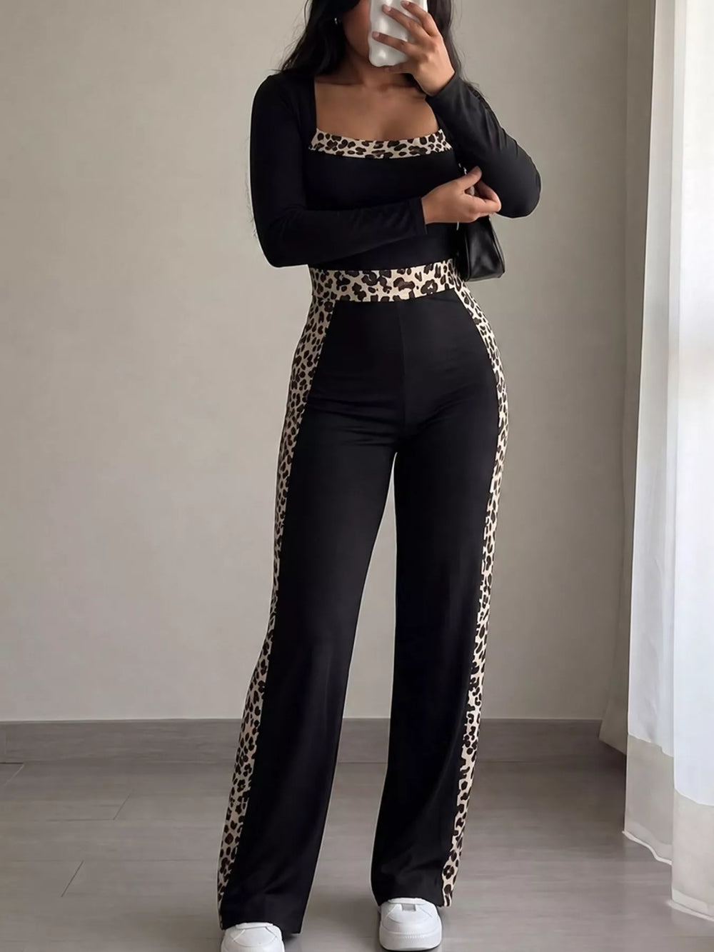 Leopard trim square neck keyhole back in black, front view 2
