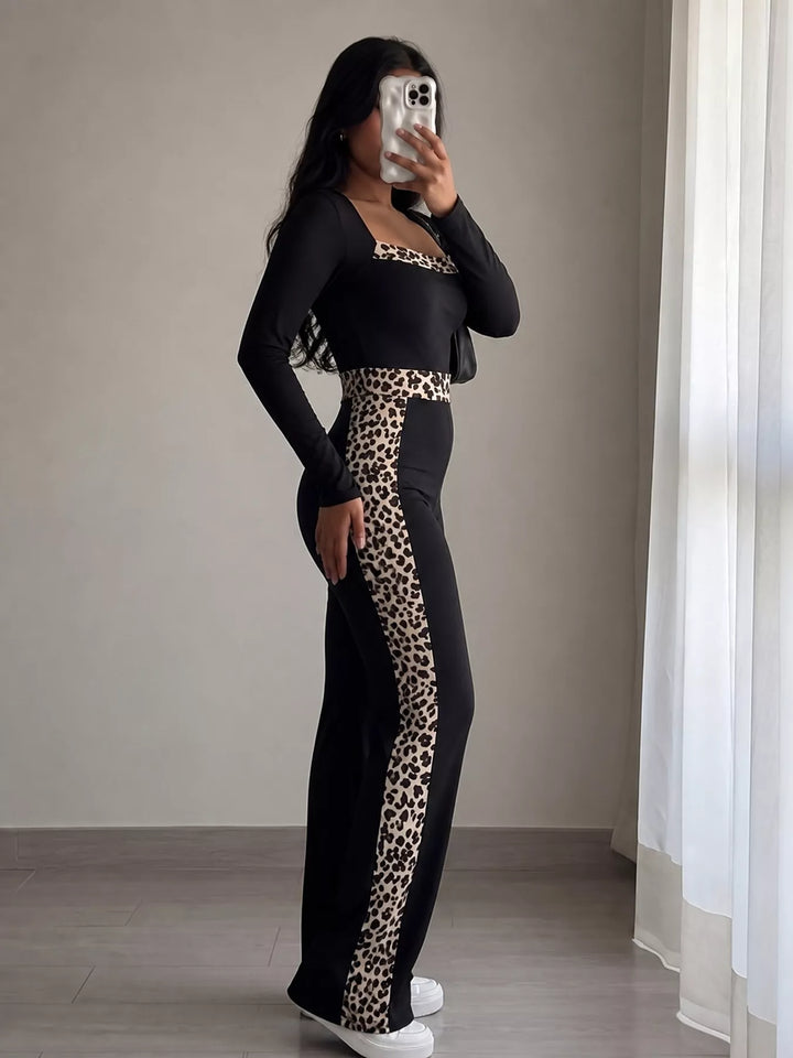 Leopard trim square neck keyhole back in black, styled on model 2