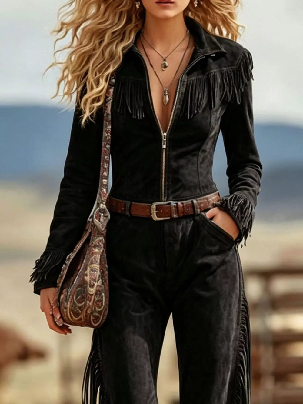 Suede-look fringe trim collar flared in black, styled on model