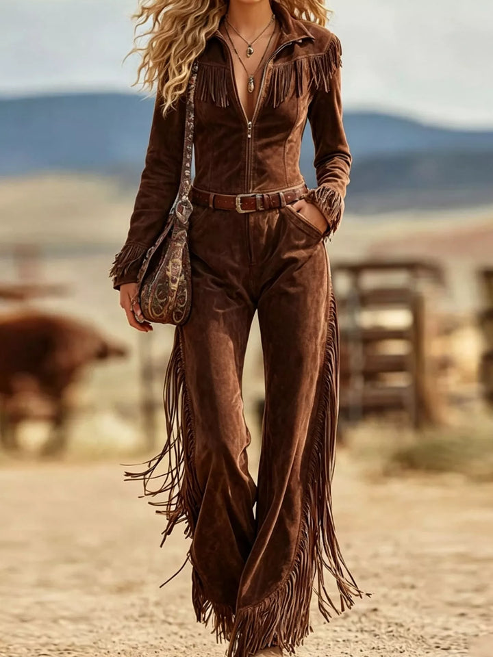 Suede-look fringe trim collar flared in brown, front view