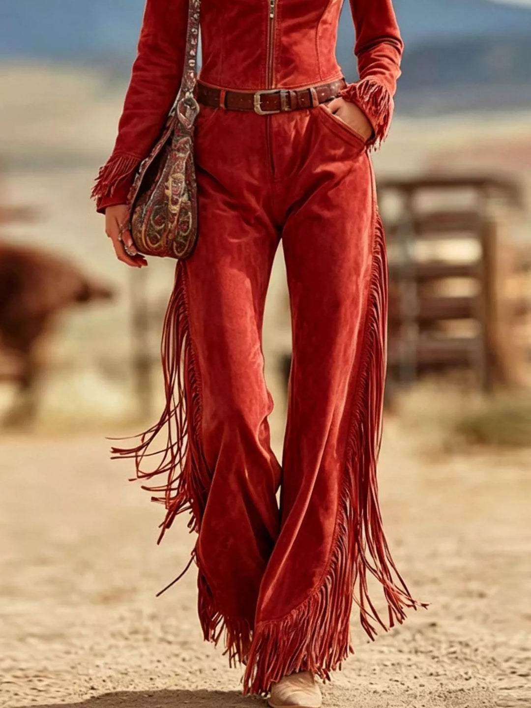 Suede-look fringe trim collar flared in red, close-up detail