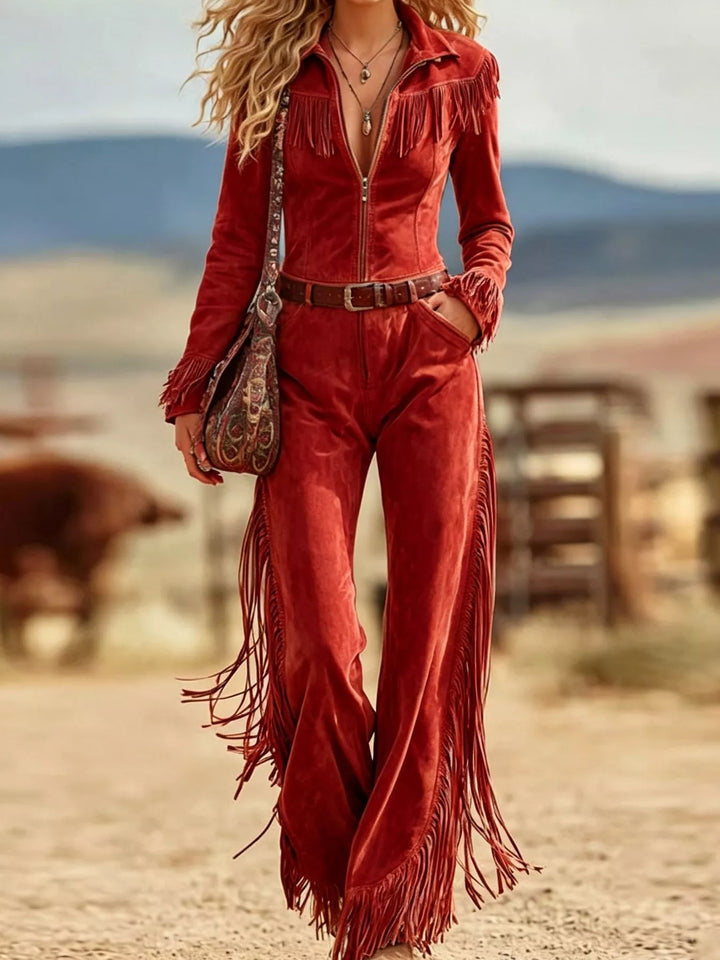 Suede-look fringe trim collar flared in red, front view