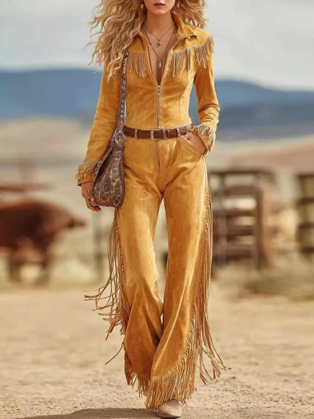 Suede-look fringe trim collar flared in yellow, front view