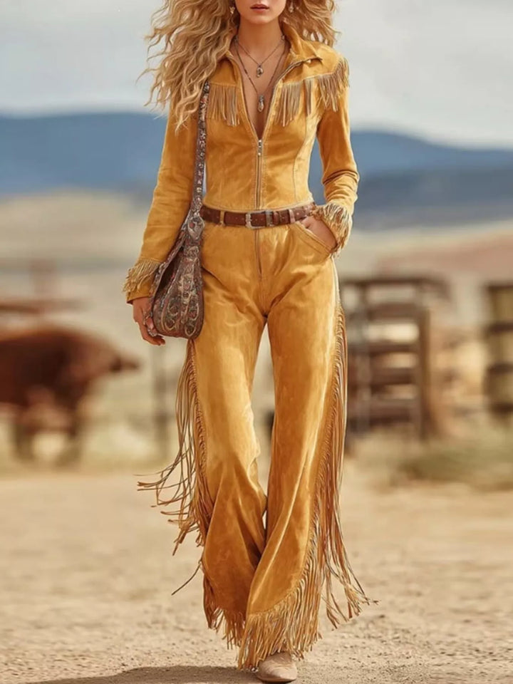Suede-look fringe trim collar flared in yellow, front view