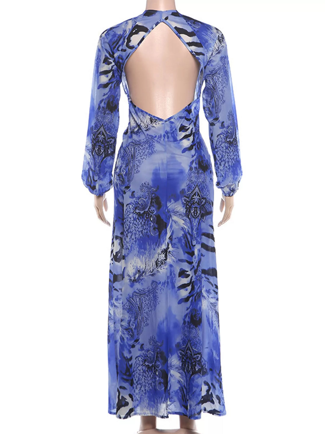 Blue maxi dress back view showing the deep V-neck