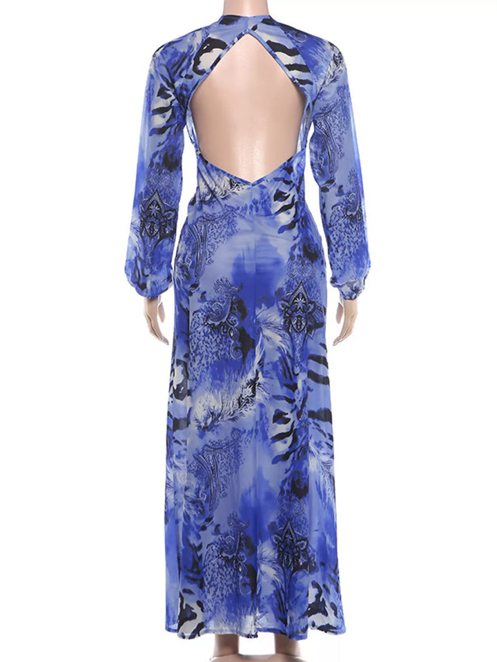 Blue maxi dress back view showing the deep V-neck