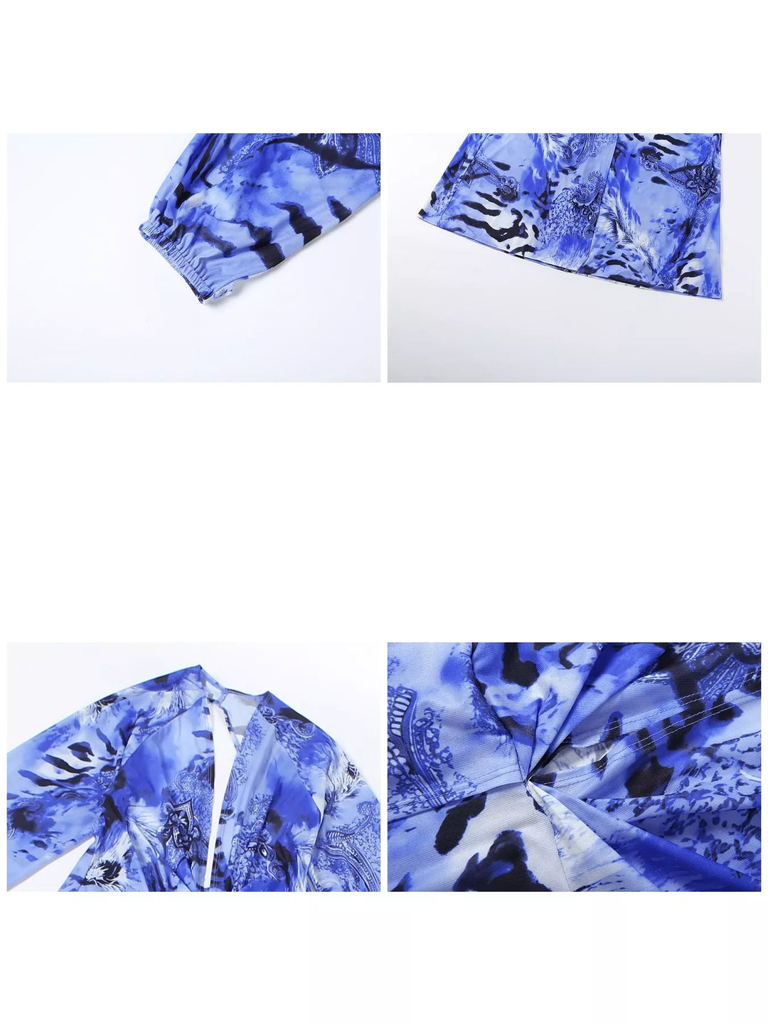 Close-up of the deep V-neck on the blue maxi dress