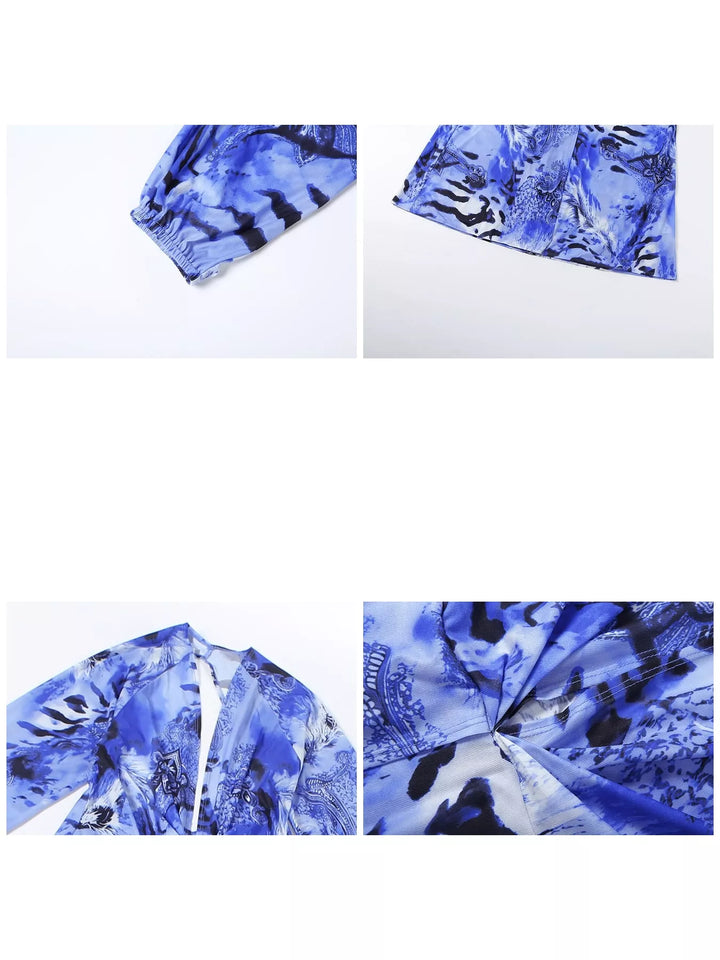 Close-up of the deep V-neck on the blue maxi dress