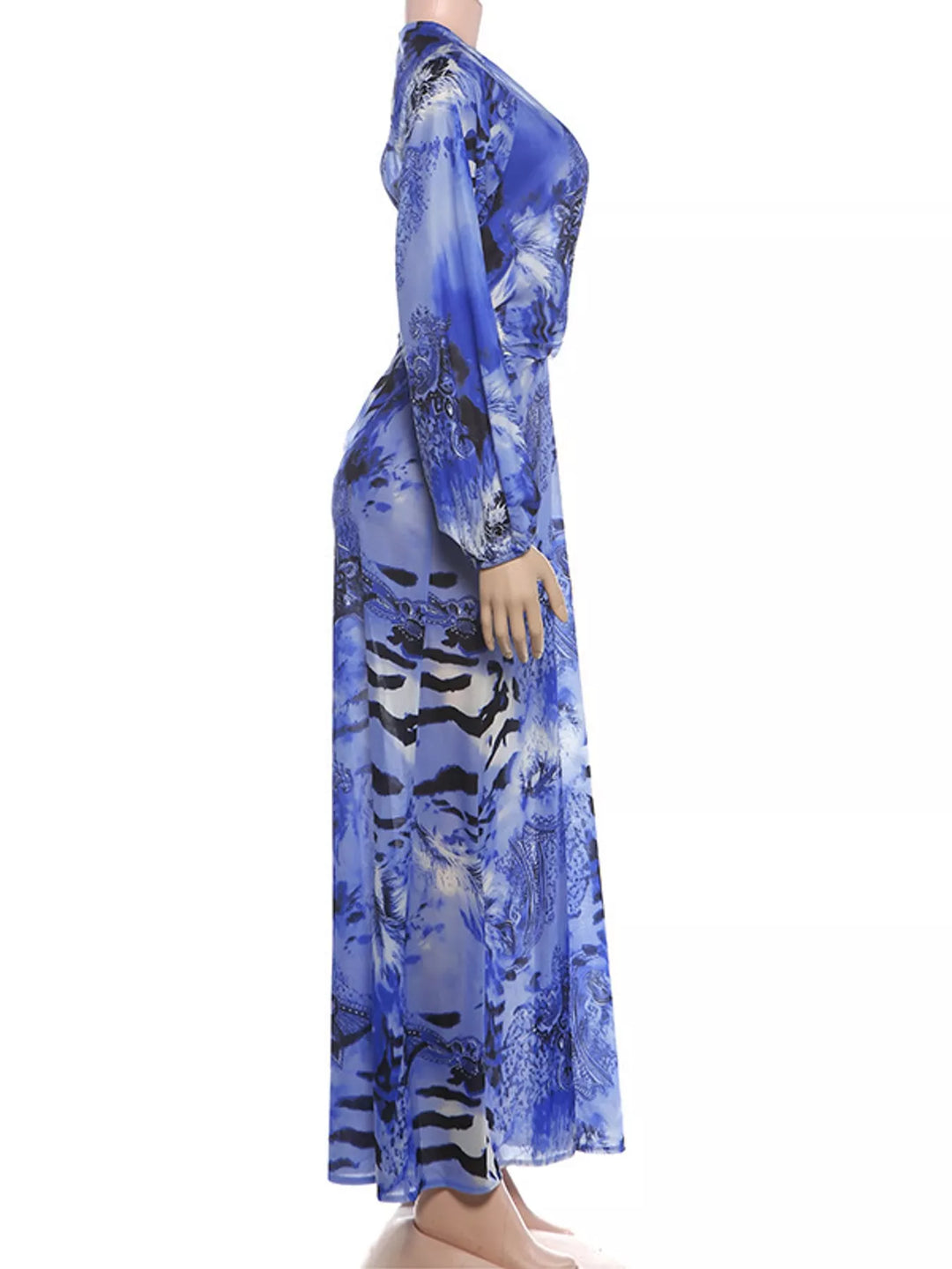 Blue maxi dress shown flat with bold print