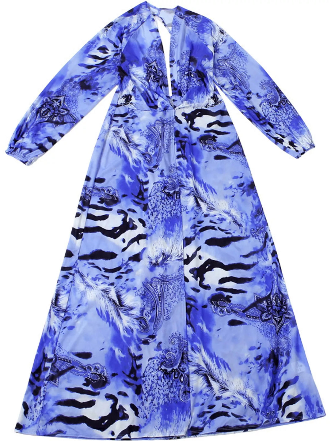 Blue maxi dress shown flat with open back