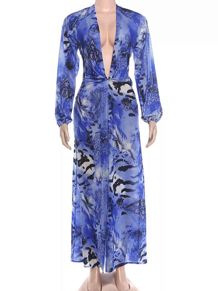 Blue maxi dress shown flat with deep V-neck