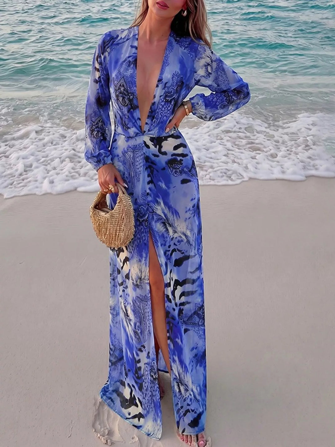 Blue maxi dress front view with deep V-neck