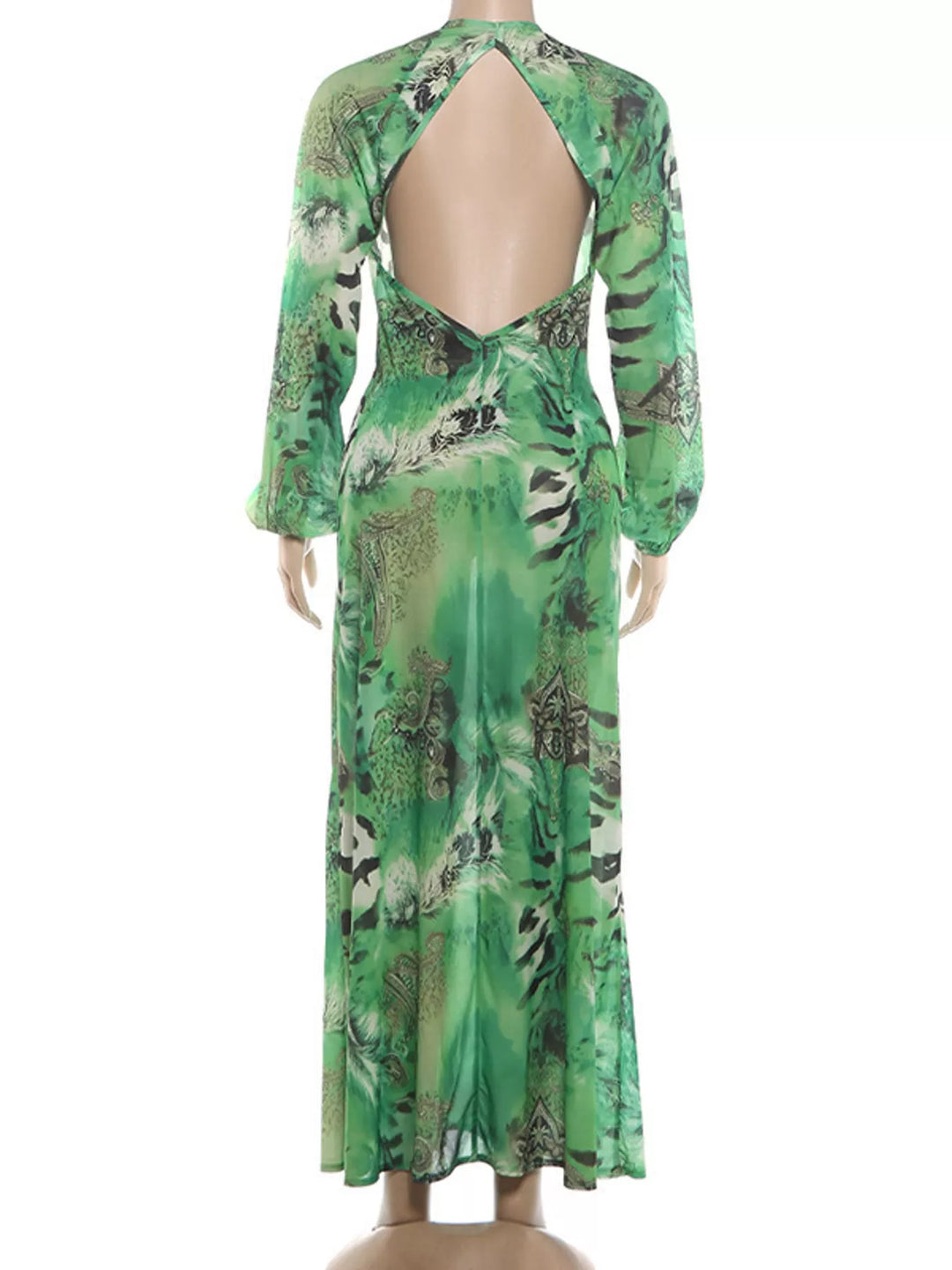 Green maxi dress back view showing the deep V-neck