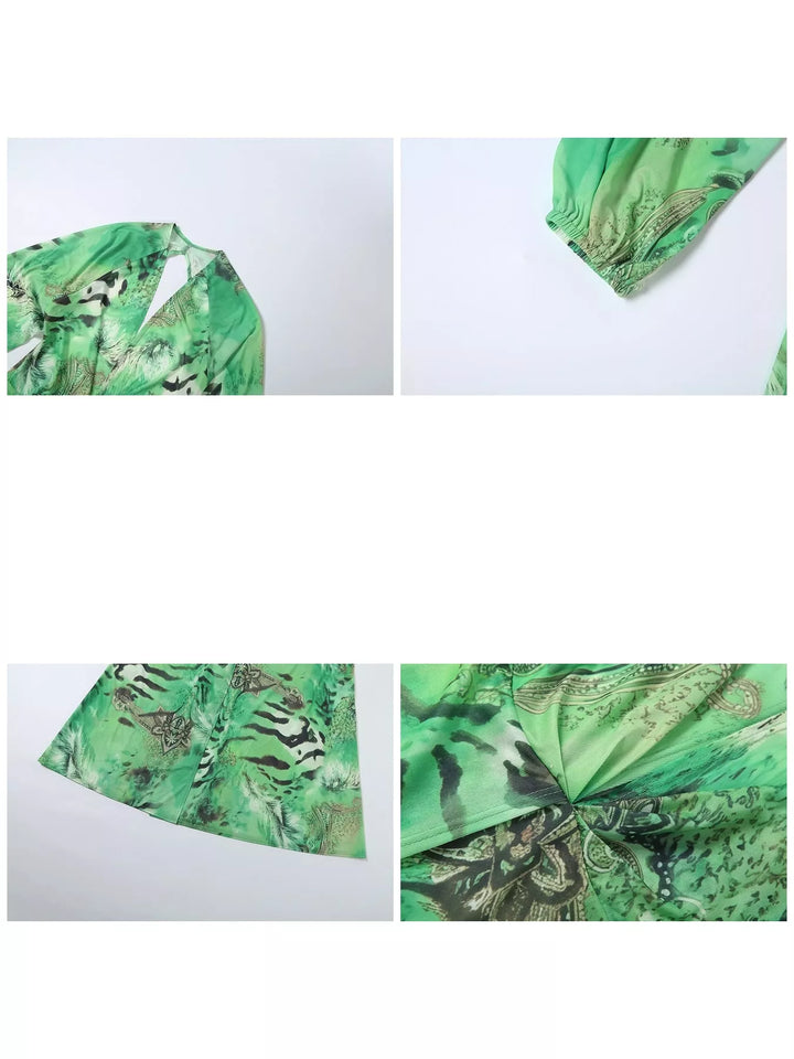 Close-up of the deep V-neck on the green maxi dress