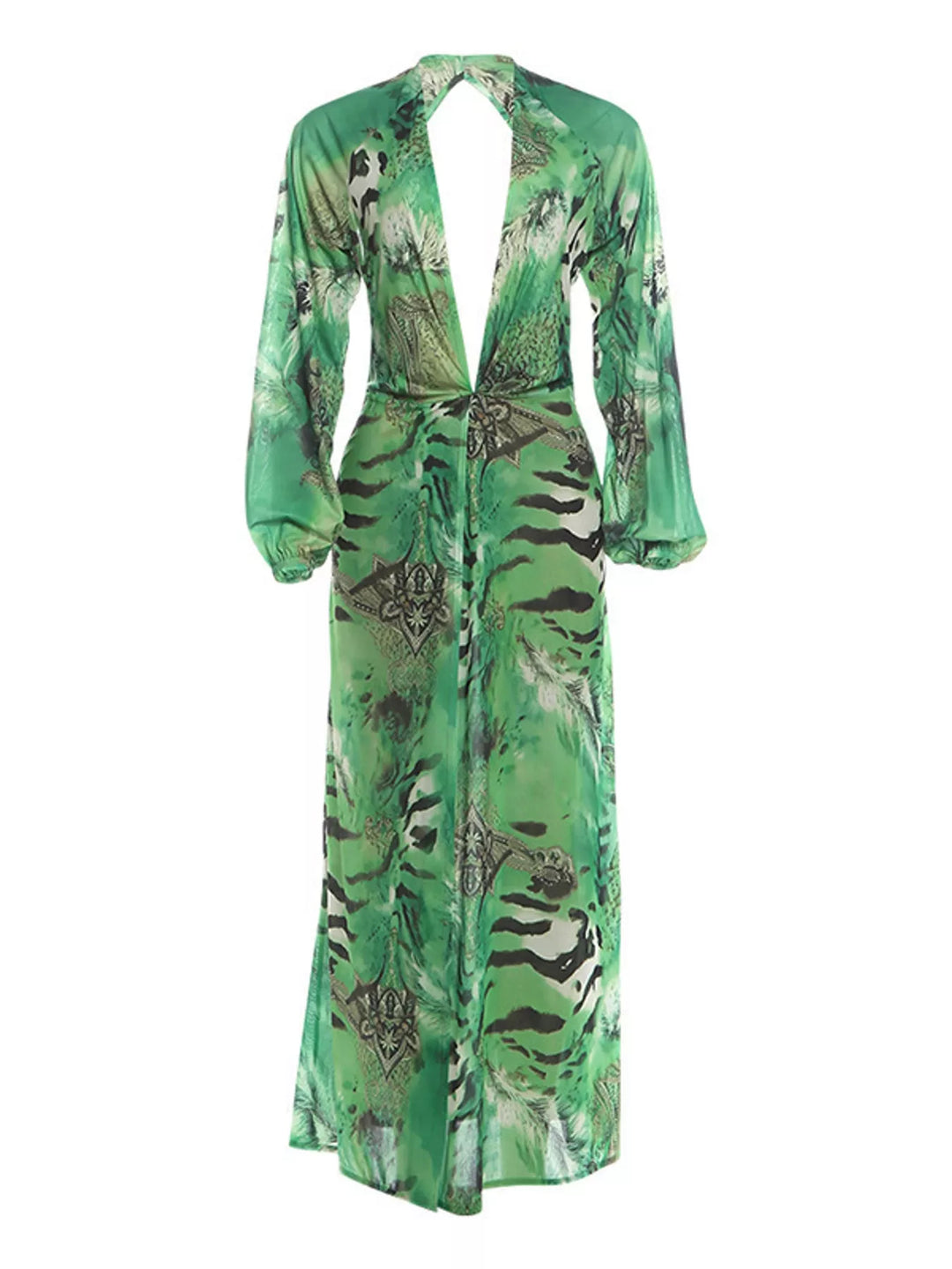Green maxi dress shown flat with open back