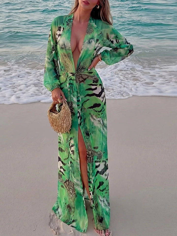 Women's maxi dress in green, deep v-neck printed open back slit