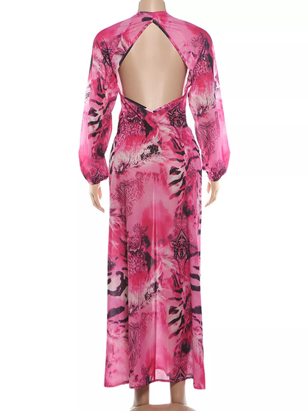 Pink maxi dress back view showing the deep V-neck