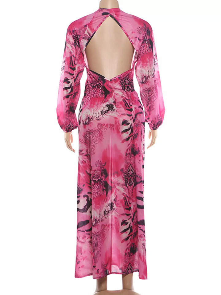 Pink maxi dress back view showing the deep V-neck