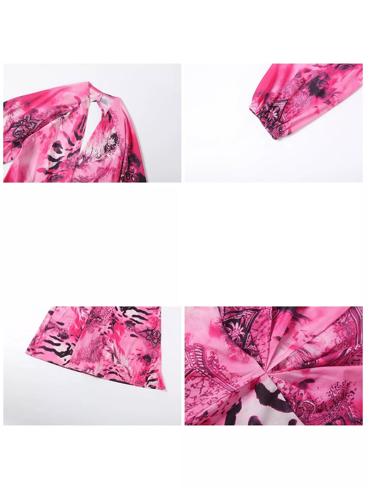 Close-up of the deep V-neck on the pink maxi dress