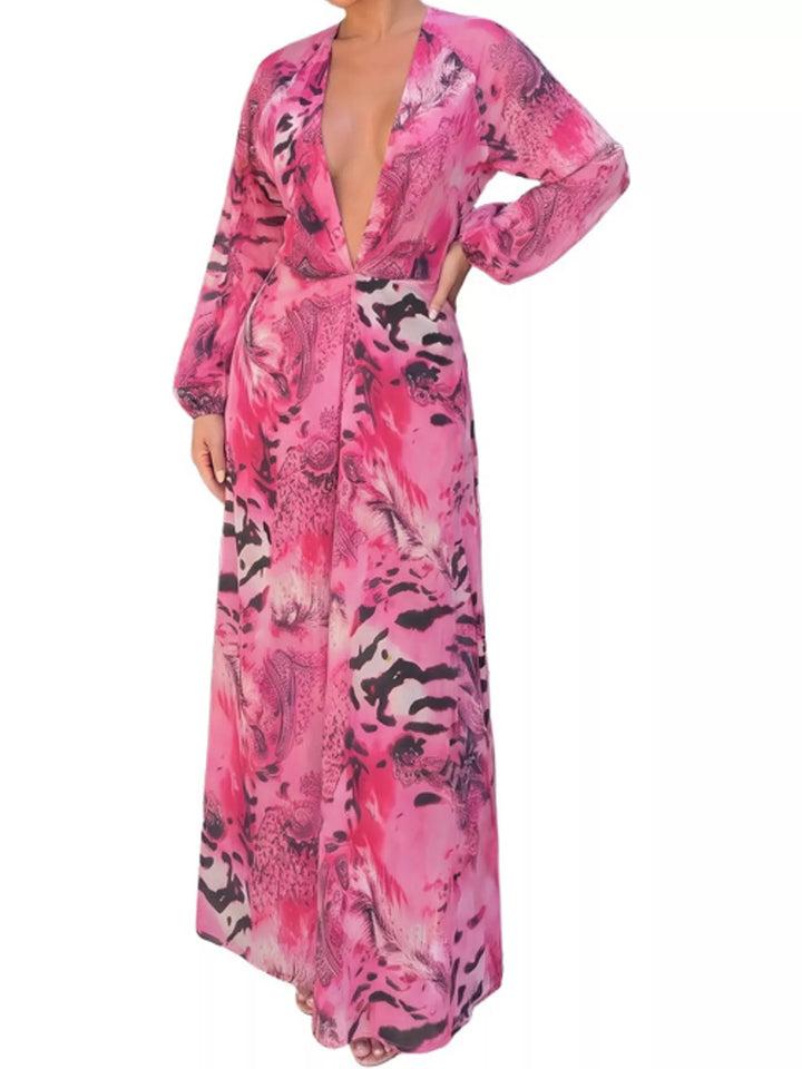 Pink maxi dress shown flat with bold print